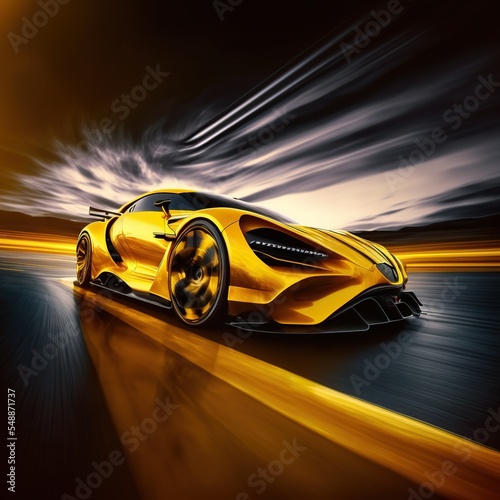 Epic yellow sports car concept full speed on race test course. 3d render digitally generated idea.