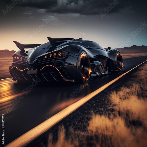 Epic black sports car concept full speed on race test course. 3d render digitally generated idea. © Henry Letham