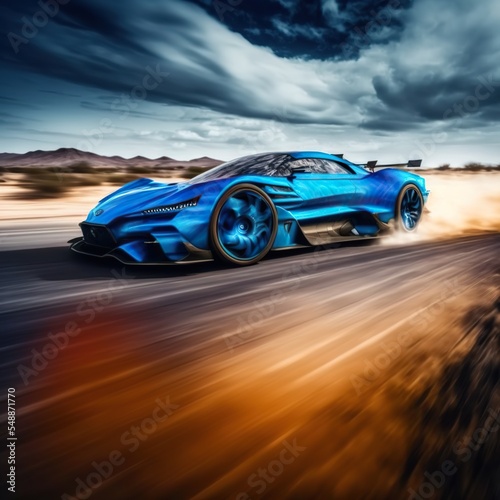 Epic blue sports car concept full speed on race test course. 3d render digitally generated idea. © Henry Letham