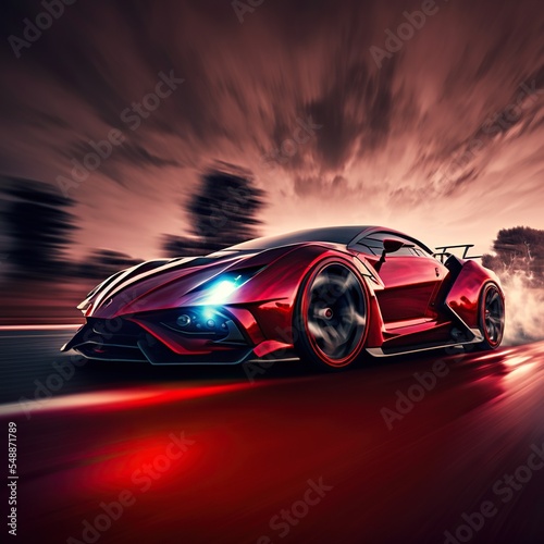 Epic red sports car concept full speed on race test course. 3d render digitally generated idea. © Henry Letham