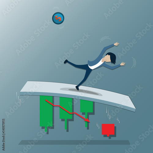 Flat of business finance, Young trader lost his balance because the graph suddenly dropped - vector