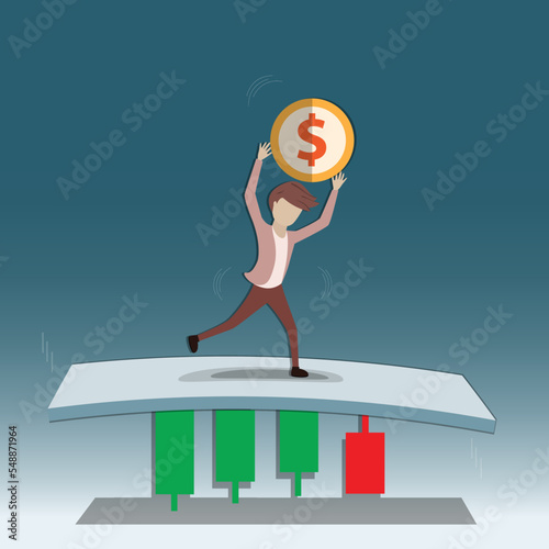 Flat of business finance, Young trader on the graph try to keep his balance - vector