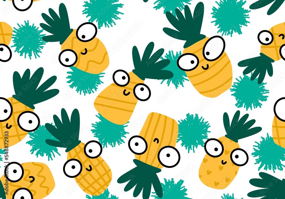 Fototapeta premium Fruit seamless cartoon pineapple pattern for wrapping paper and fabrics and linens and kids clothes print