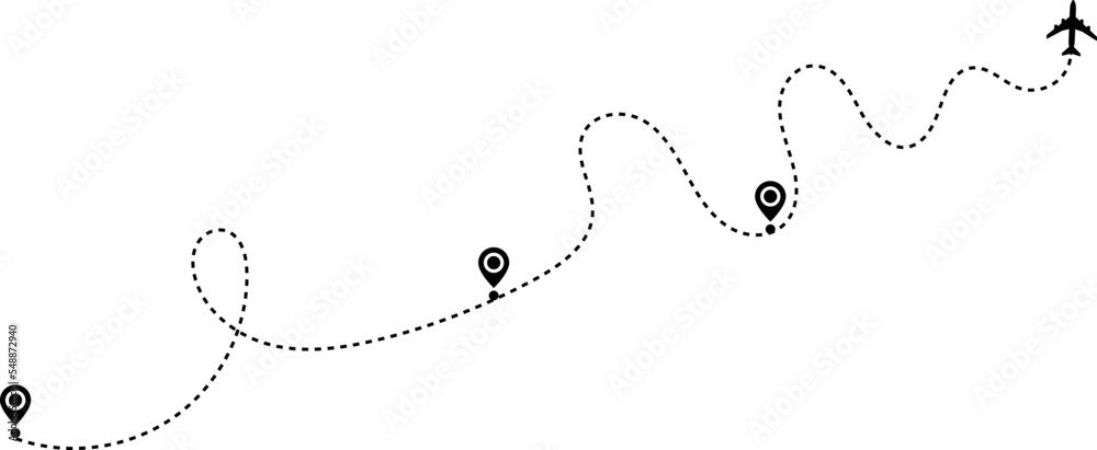 Airplane path in a dotted line shape. Airplane routes set. Plane route line. Planes dotted flight pathway. Plane paths. Aircraft tracking. location pins isolated on white background Airplane path in a dotted line shape. Airplane routes set. Plane route line. Planes dotted flight pathway. Plane paths. Aircraft tracking. location pins isolated on white background