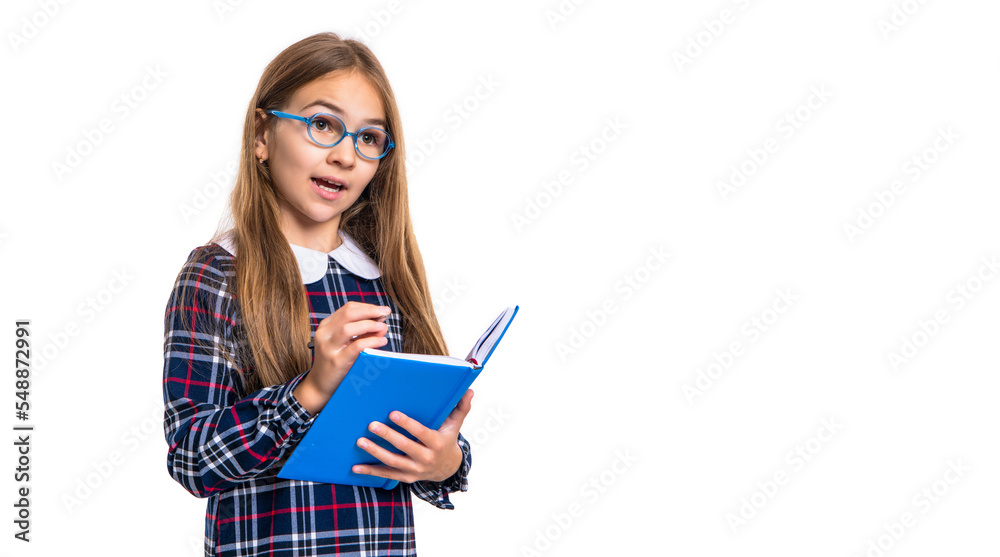 amazed school girl in noting notes isolated on white background. school girl noting notes amazed school girl in noting notes isolated on white background. school girl noting notes