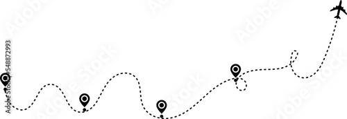 Airplane path in a dotted line shape. Airplane line routes. Aircraft tracking. location pins isolated on white background