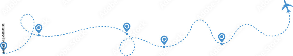 Airplane path in a dotted line shape. pin map marker pointer sign ...