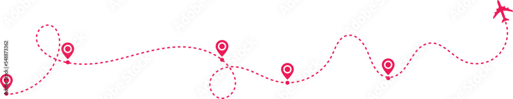 Airplane path in a dotted line shape. pin map marker pointer sign ...