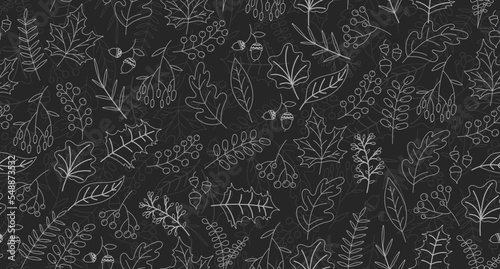 Vector hand drawn pattern with autumn elements on the dark gray background. Chalkboard imitation. Vector illustration