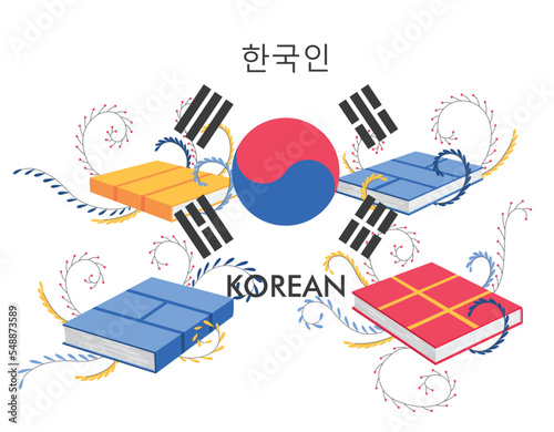Korean language. Learning new language. Distance education  online learning courses concept. Reading books. Teaching foreign languages  vector illustration