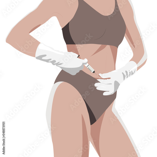 Lipolytic injections for burning fat on the thighs, legs and thighs of a woman. Women's aesthetic cosmetology in a beauty salon. illustrations