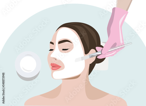 Beautician makes a face mask of a woman to rejuvenate the skin. Cosmetology treatment of problem skin on the face and body. illustration