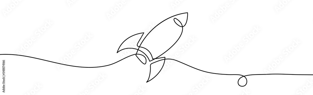 Obraz premium Rocket one line. Vector illustration continuous, simple retro spacecraft. Single line draw design vector illustration.