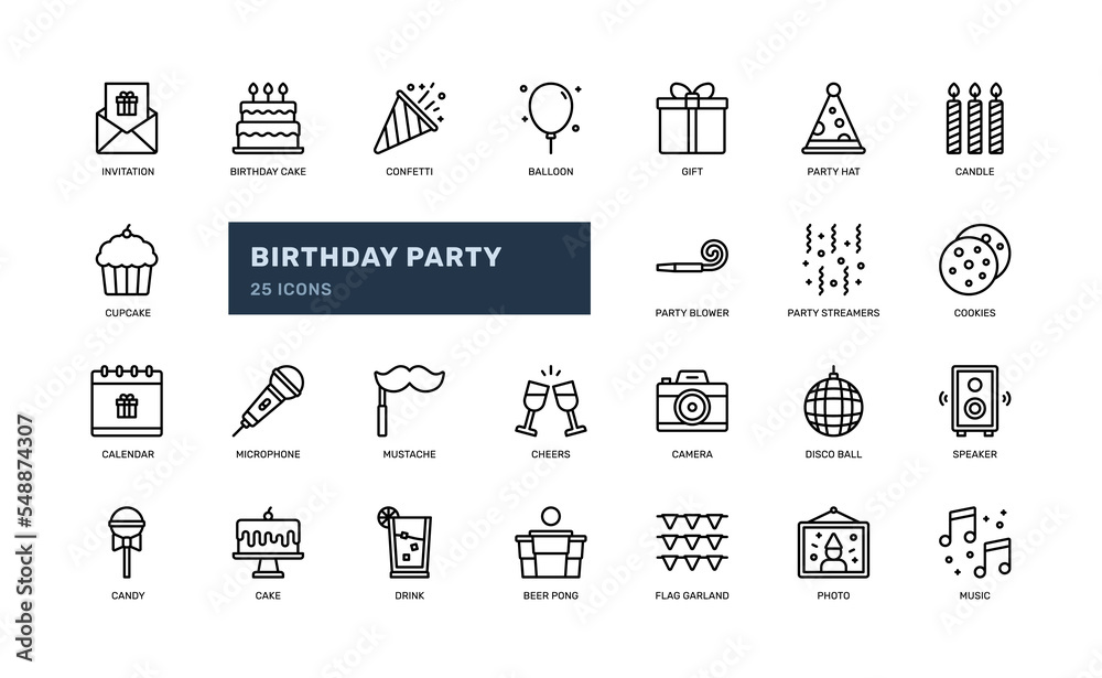 birthday party anniversary celebrate joyful detailed outline icon with music, event, present, cake, more. simple vector illustration birthday party anniversary celebrate joyful detailed outline icon with music, event, present, cake, more. simple vector illustration
