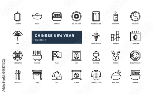 chinese new year party festival detailed outline icon with lantern, orange, red envelope, more. simple vector illustration