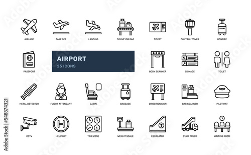 airport airplane transportation detailed thin outline icon set with passport, cabin, flight, ticket, more. simple vector illustration