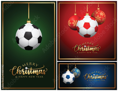 Soccer Christmas Greeting Card -  Soccer Balls set - Sport Background - Merry Christmas and Happy New Year