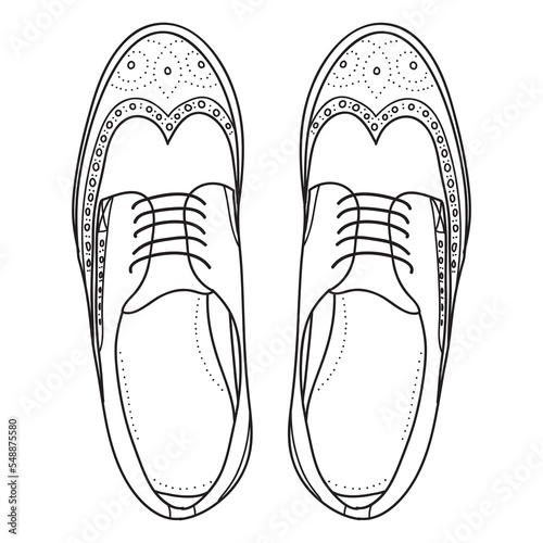 Vector hand drawing illustration with men brogue fashion shoes, top view .Doodle illustration	