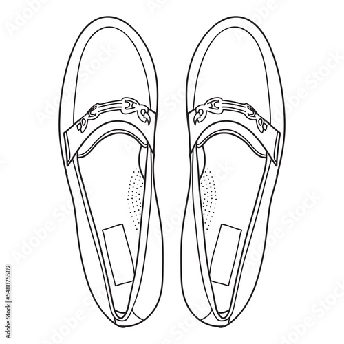 Classic men's loafers in Italian style. Luxury leather shoes. View from above. Detailed drawing. Outline vector doodle illustration.