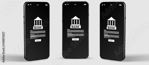 Mobile banking application. Mobile phone with internet online bank app. Pig bank with hundred dollar bill on white background. Save money business wallet.