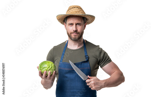 man in apron hold cabbage and knife isolated on white