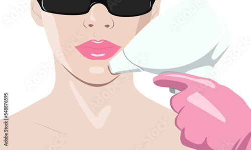 Illustration. Epilation hair removal procedure on a woman’s face. Beautician doing laser rejuvenation in a beauty salon. Removing unwanted body hair. 