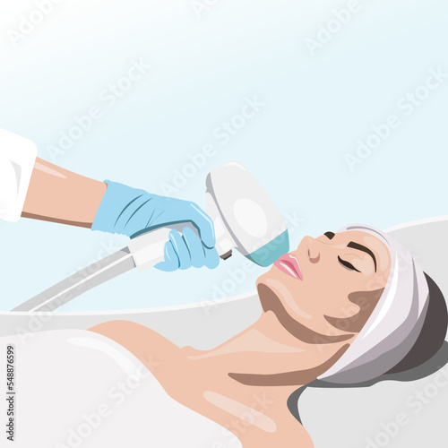 Illustration. Epilation hair removal procedure on a woman’s face. Beautician doing laser rejuvenation in a beauty salon. Removing unwanted body hair