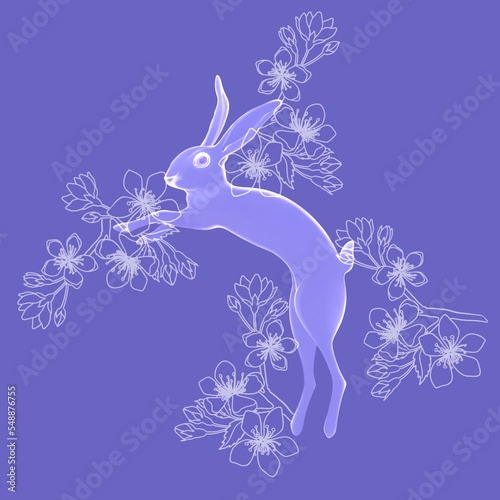 Bunny. Rabbits character design with beautiful blossom flowers for Mid Autumn Festival or Chinese New Year 2023, year of the Rabbit zodiac sign.