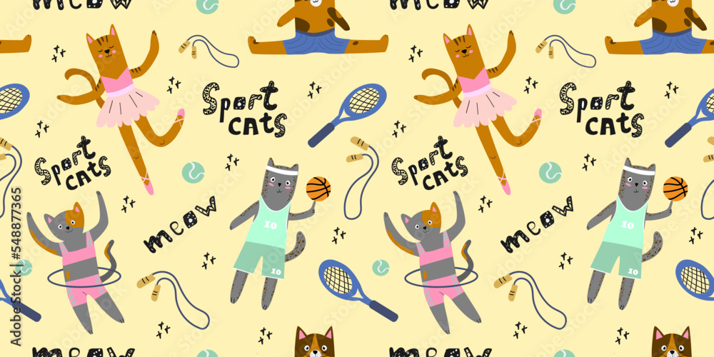 Seamless children's pattern with cute cats in different poses. Cats are athletes. Positive pattern. Creative children's texture for fabric, packaging, textiles, wallpaper, clothes. Vector illustration Seamless children's pattern with cute cats in different poses. Cats are athletes. Positive pattern. Creative children's texture for fabric, packaging, textiles, wallpaper, clothes. Vector illustration