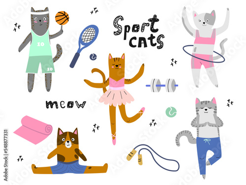 A set of cute cats with sports equipment. Cats are athletes: basketball player, ballerina, gymnast. Cats doing sports. Cool children's illustration. Vector illustration with isolated background. 