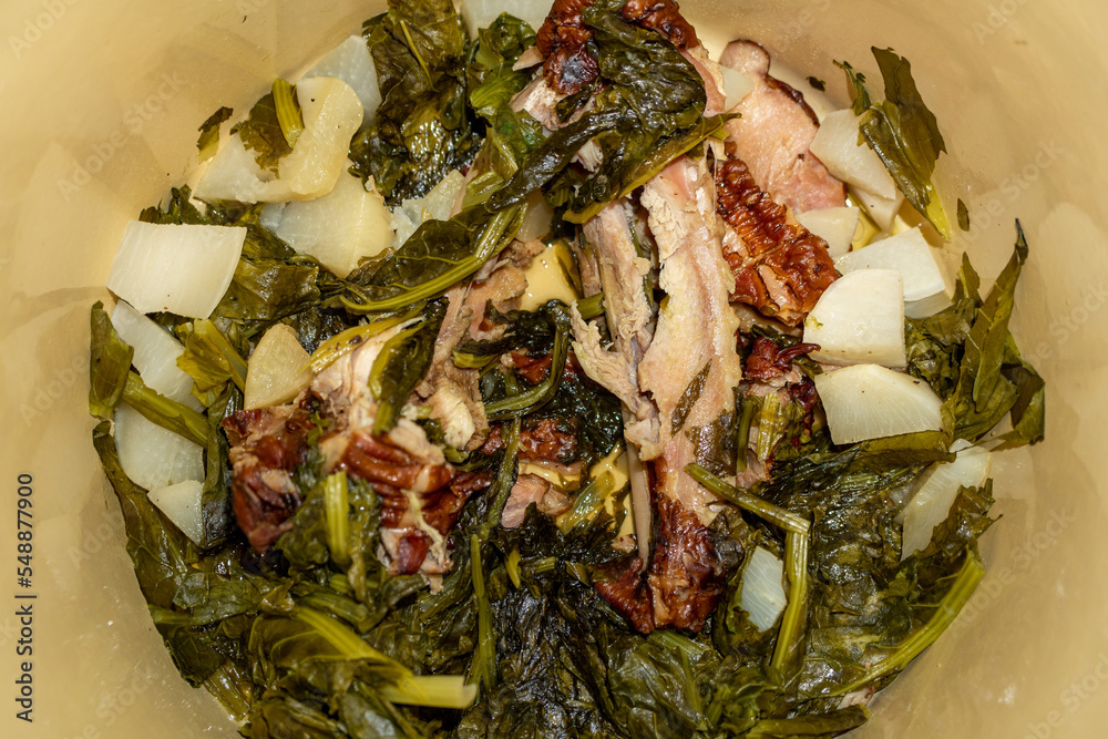 Turnip Greens in a Pot with Smoked Turkey and Turnips