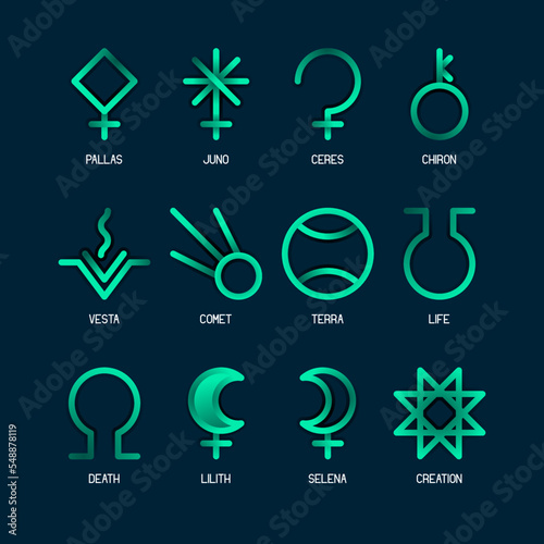 ASTEROID GODDESSES zodiac horoscope thin line label linear design esoteric stylized elements symbols signs. Vector illustration icons