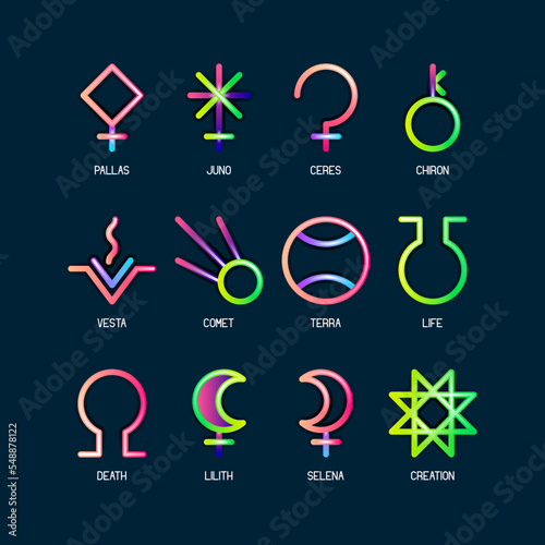 ASTEROID GODDESSES zodiac horoscope thin line label linear design esoteric stylized elements symbols signs. Vector illustration icons