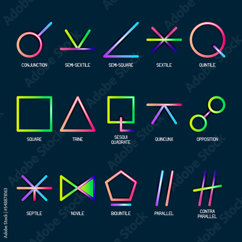 ASPECTS zodiac horoscope thin line label linear design esoteric stylized elements symbols signs. Vector illustration icons photo