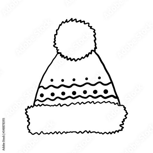 Winter hat icon with pompom. Doodle style vector. Knitted wool cap with pompom isolated on white background. Illustration for graphics, website, logo.