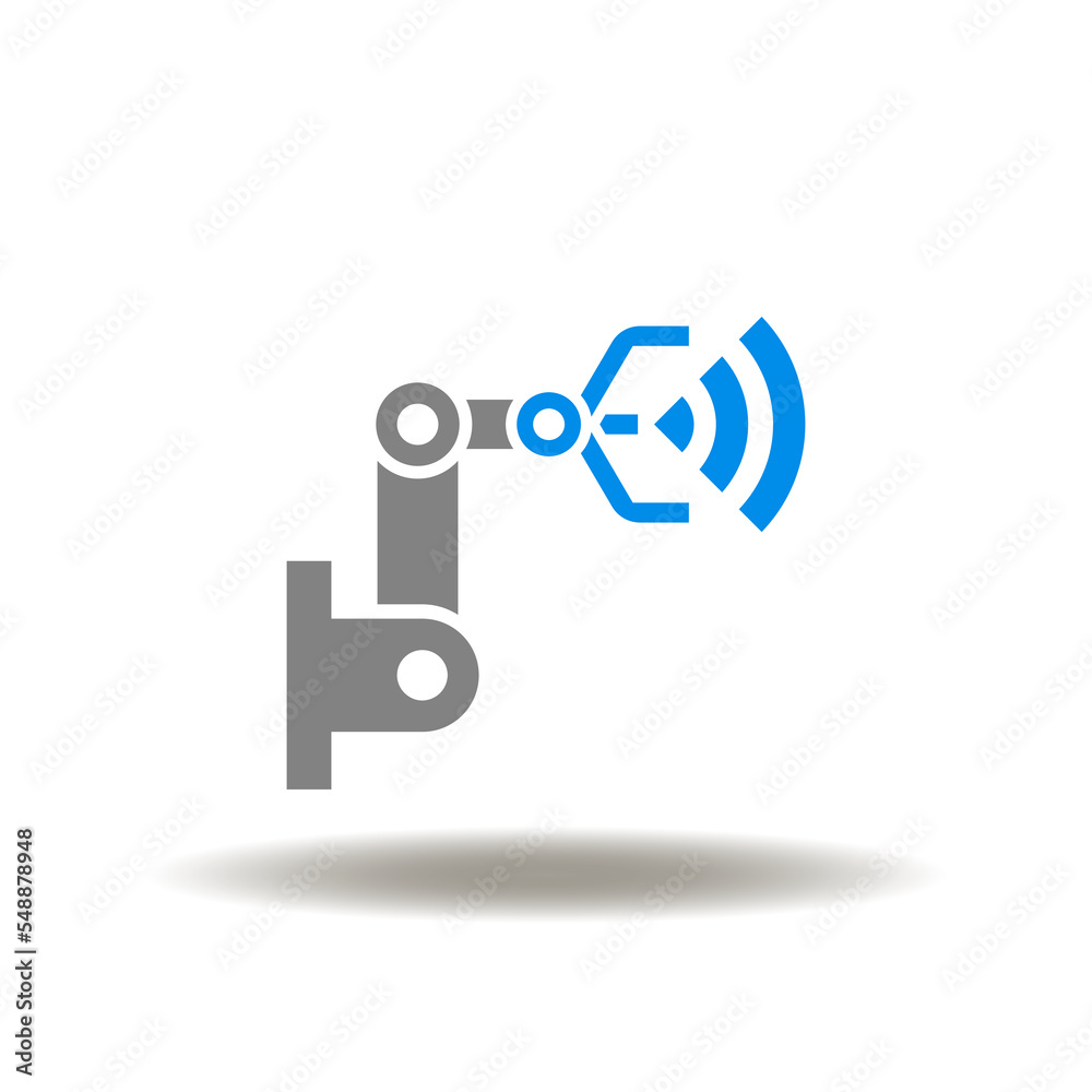 Vector illustration of robot arm with wireless radio signal or WI-FI. Symbol of AI robotic tech. Sign of smart robotics operation. Vector illustration of robot arm with wireless radio signal or WI-FI. Symbol of AI robotic tech. Sign of smart robotics operation.