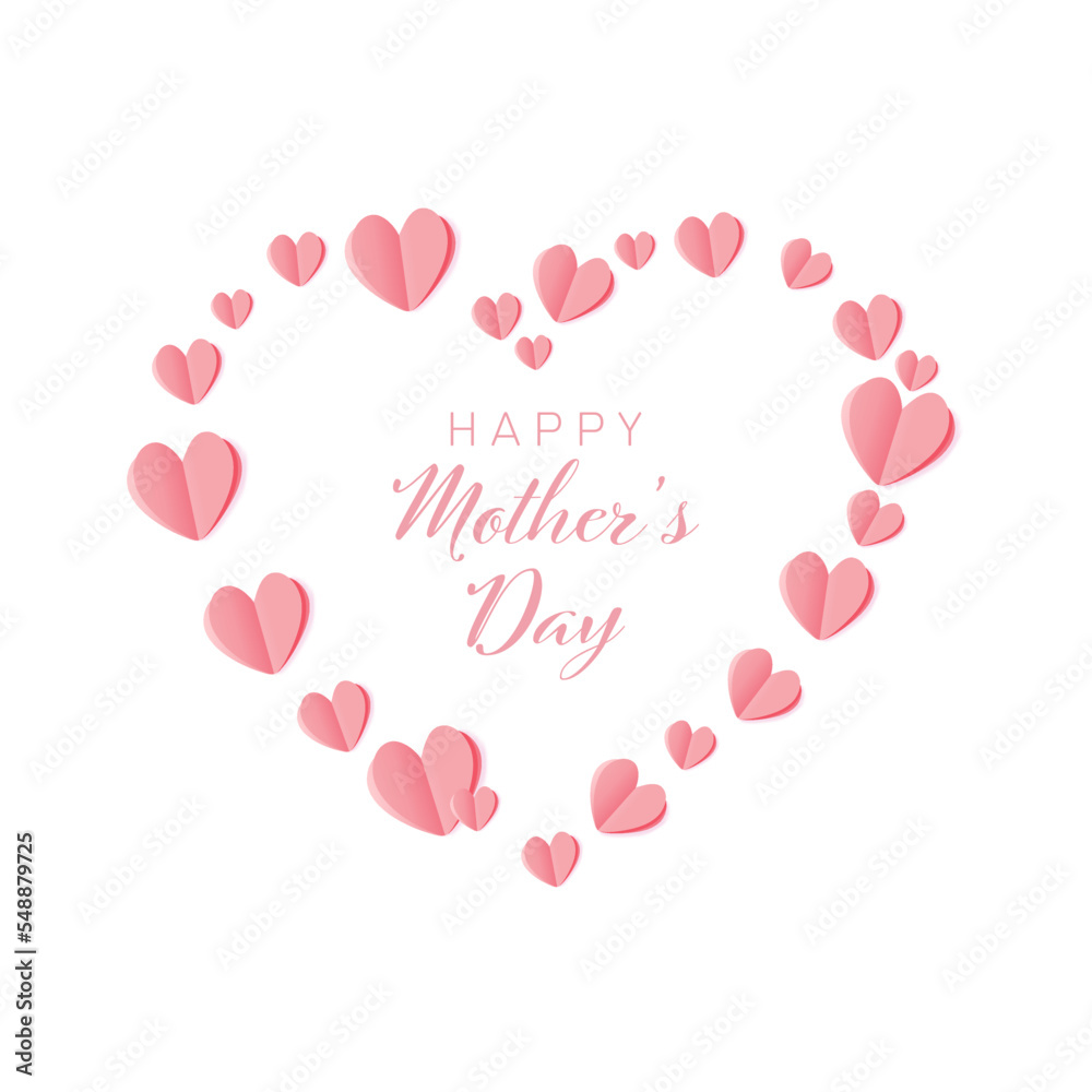 Mother's day greeting card. Vector banner with pink paper hearts. Symbols of love on white background