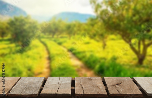 Wooden table top on blur orange or fruit organic farm background.For place food,drink or health care business.fresh landscape and relax season concept.View of copy space.