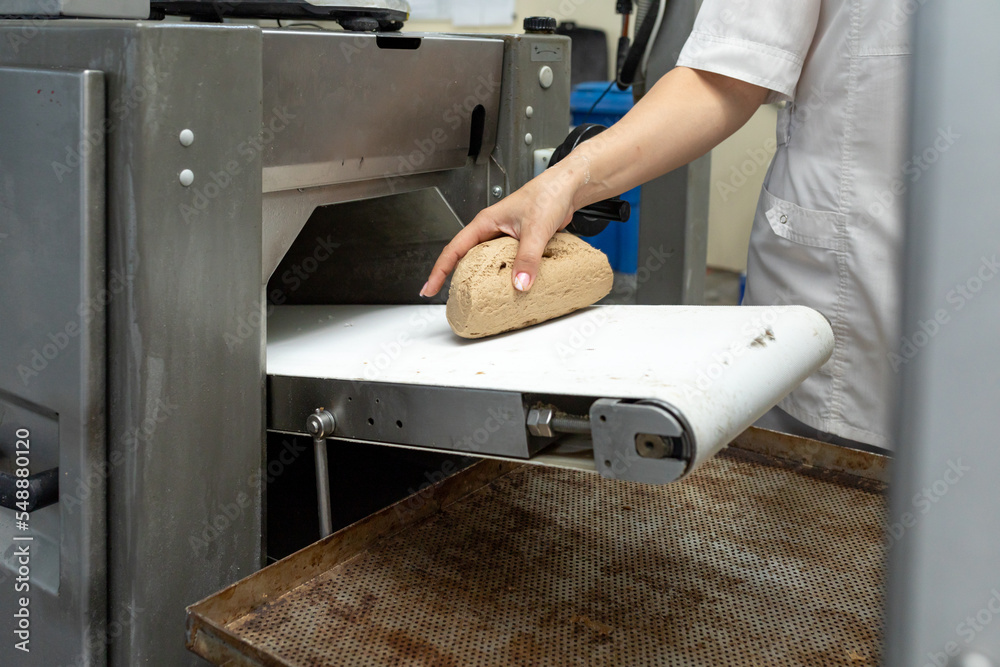 Molded dough on conveyor belt. Operator's hand takes dough from
