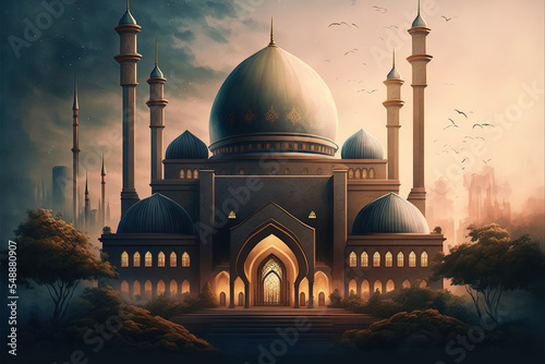 Eid Al Adha Mubarak Ramadan Kareem Mosque Or Masjid 2D Illustrated Illustration photo