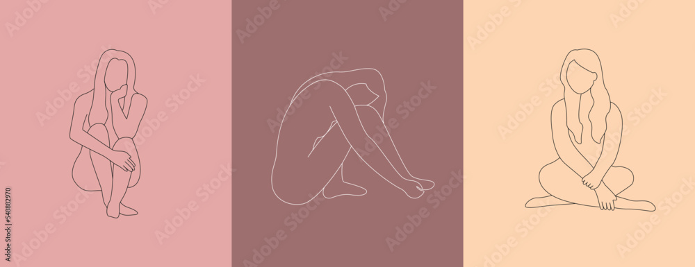 Female figures set. Collection of minimalistic posters or banners. Aesthetics and elegance, beauty, fashion and style. Tenderness and romance. Creativity and art. Cartoon flat vector illustration