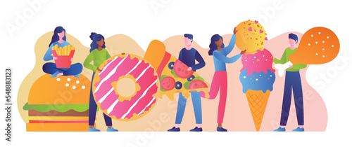 People with fast food. Men and women with burgers  donuts and pizza. Cafe or restaurant menu. Rest after work or study. Dessert and delicacy. Poster or banner. Cartoon flat vector illustration