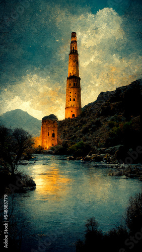 The Minaret of Jam is a UNESCO World Heritage Site in western Afghanistan. Located in a remote region of the Shahrak District, Ghor Province, next to the Hari River. Image generated using AI program.