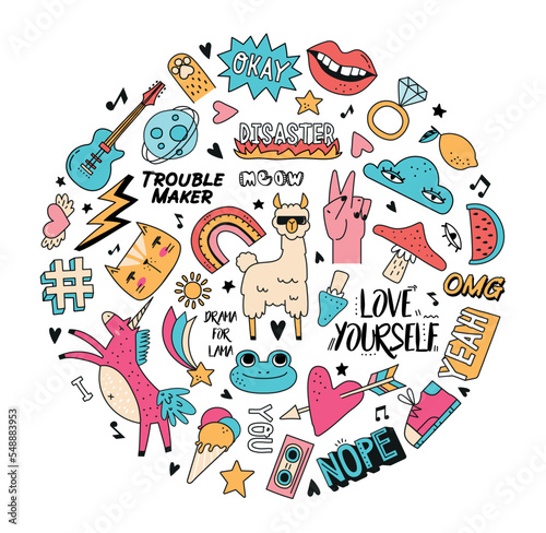 Doodle stickers composition. Collection of graphic elements for website and printing on fabric. Retro lama, unicorn and mushrooms. Positivity and optimism, hippie era. Cartoon flat vector illustration