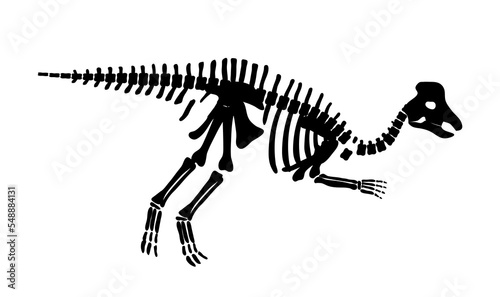 Dinosaur skeleton black. Sticker for social networks and messengers, prehistoric character. History, archeology and paleontology, bones and fossils metaphor. Cartoon flat vector illustration