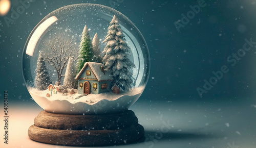 winter wonderland with little town and Christmas tree inside a snow globe , snowing, festive.	