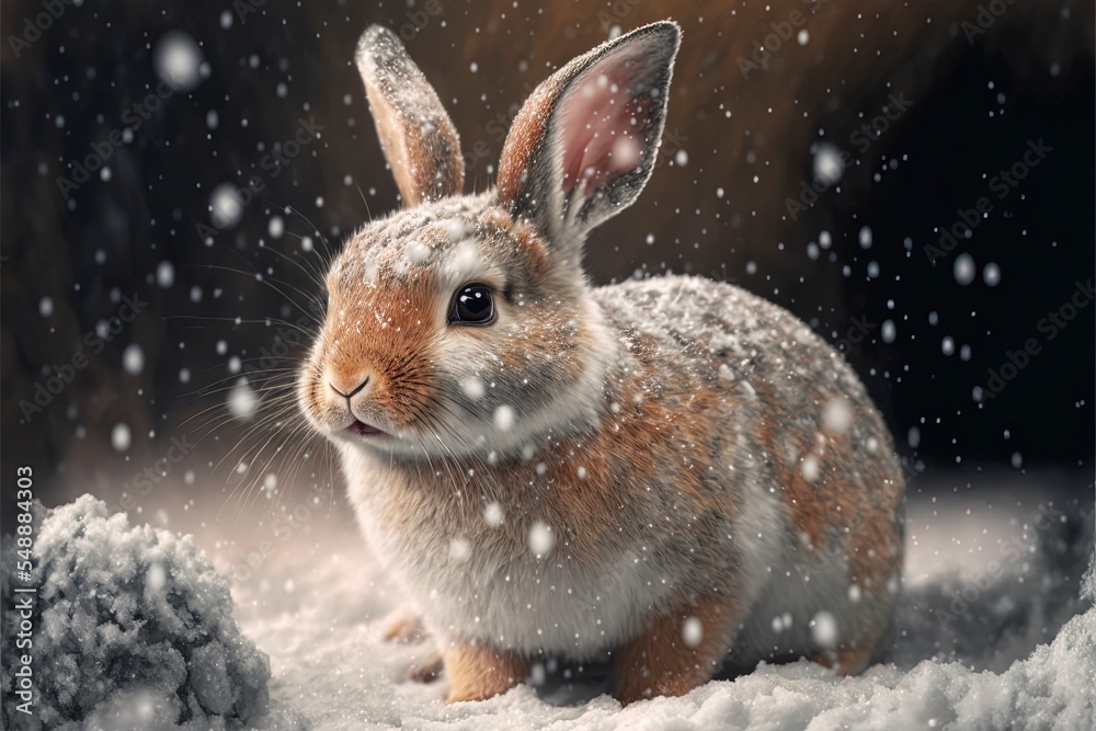 Fototapeta premium Rabbit on falling snow background