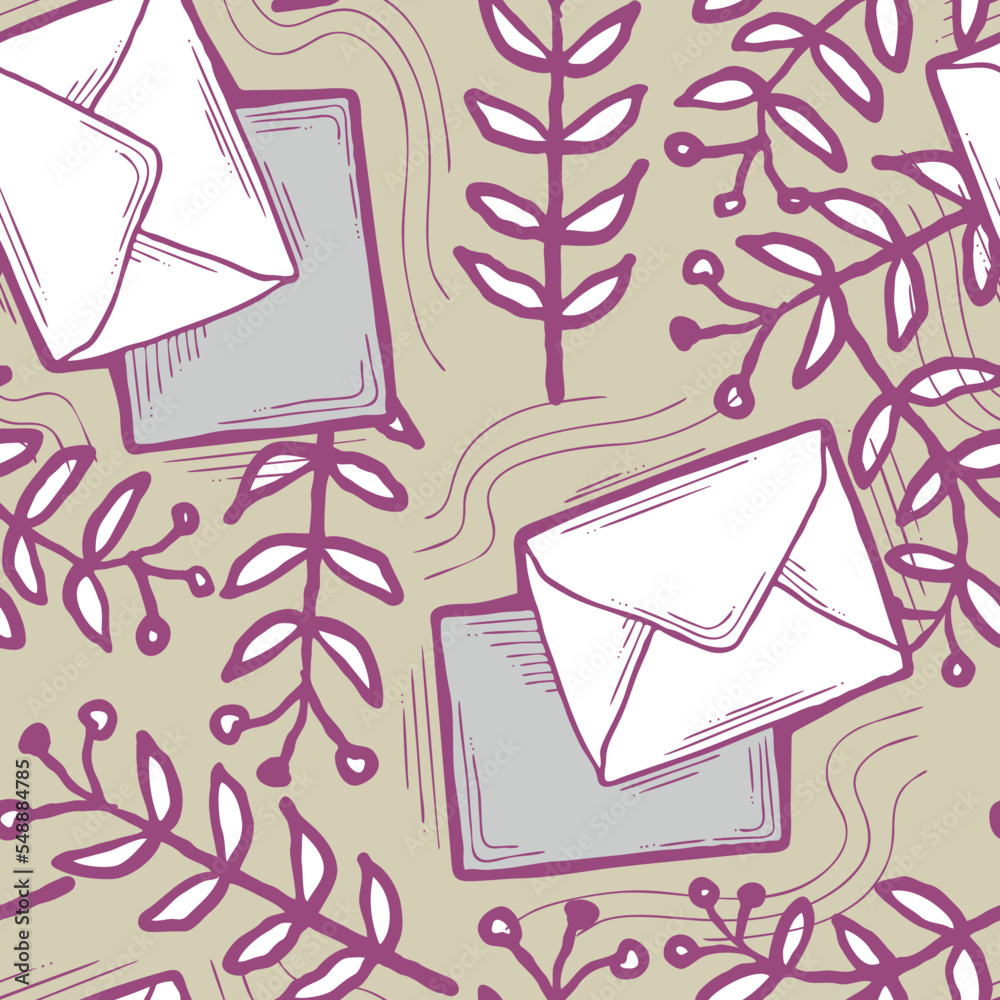 Envelop letter and plant. Romantic seamless vector pattern design for background, digital paper, wallpaper, textile print, fabric texture. Hand drawn elegant illustration. Retro communication style. Envelop letter and plant. Romantic seamless vector pattern design for background, digital paper, wallpaper, textile print, fabric texture. Hand drawn elegant illustration. Retro communication style.