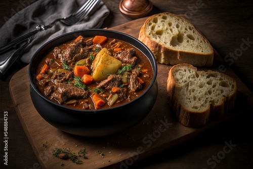 Hearty Beef Stew with potato in crock pot and a side of toast