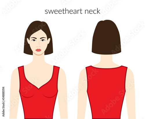 Sweetheart neckline clothes character beautiful lady in red top, shirt, dress technical fashion illustration with fitted body. Flat apparel template front, back sides. Women, men unisex CAD mockup
